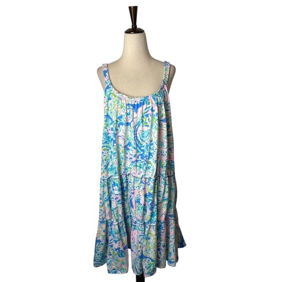 Lilly Pulitzer Dress Women XXL Blue Pink Floral Loro Swing Dream Team Mini Boho - Picture 2 of 12